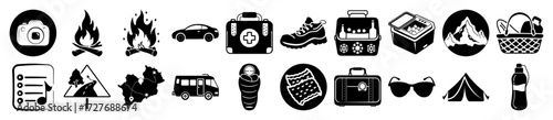Vector art of collection of black and white icons representing travel and outdoor activities, including camping gear, vehicles, and safety equipment