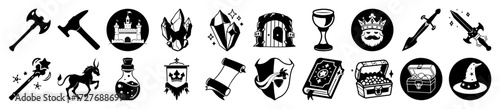 Vector art of collection of fantasy game icons including axes, swords, shields, castles, potions, crowns, treasure chests, and wizard hats