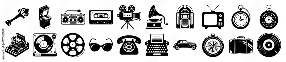 Obraz premium Vector art of collection of vintage and retro icons representing technology, music, and travel
