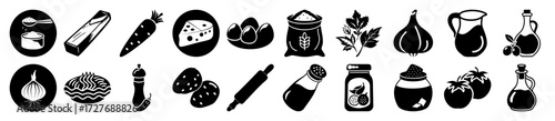 Vector art of collection of black and white icons representing various food ingredients and cooking utensils, isolated on a