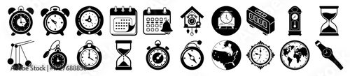 Vector art of collection of various timekeeping devices and symbols, including alarm clocks, hourglasses, calendars, cuckoo clocks, pocket watches, compasses, and world clocks