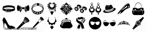 Vector art of collection of black fashion accessories and jewelry icons, isolated on a, including a belt, bow tie, necklace, earrings, hat, sunglasses, handbag, high heel shoe, watch, and more
