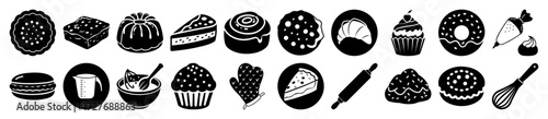 Vector art of collection of black and white icons representing various baked goods, desserts, and baking tools, isolated on a