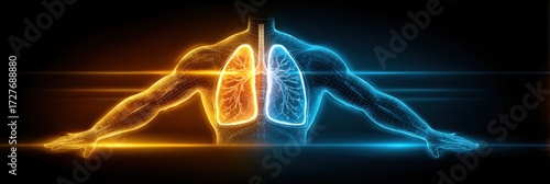 Visualization of Human Anatomy Showcasing Lungs With Glowing Effects Against a Dark Background