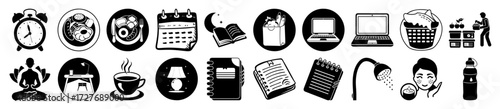 Vector art of collection of black and white icons representing daily activities, tasks, and objects, isolated on a