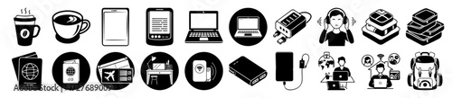 Vector art of collection of travel and technology icons including coffee cups, passports, tickets, laptops, smartphones, power banks, headphones, and a backpack