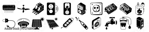Vector art of collection of black and white icons representing various home appliances, electrical devices, and utilities