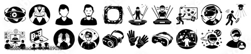 Vector art of collection of black and white icons representing virtual reality, augmented reality, and metaverse concepts