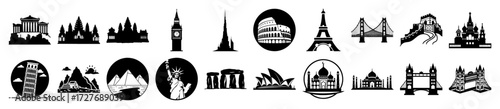 Vector art of collection of famous world landmarks and architectural icons in black and white silhouette style