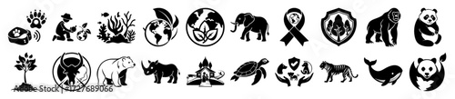 Vector art of collection of black and white icons representing environmental conservation, endangered animals, and nature protection