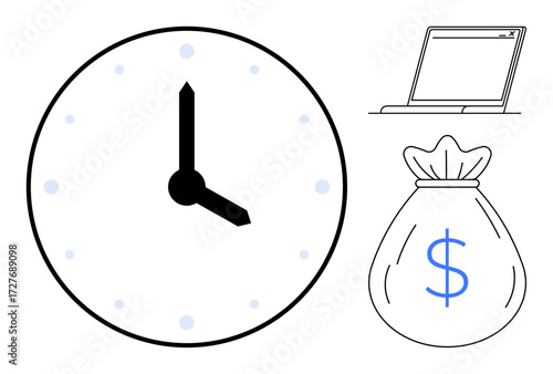 Clock indicating time, a laptop, and a money bag highlight time value, productivity, and financial efficiency. Ideal for business planning, time-saving, work-life balance, strategy efficiency
