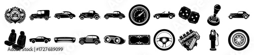 Vector art of collection of vintage and modern car icons, including classic automobiles, sports cars, car seats, engine, steering wheel, gear shift, speedometer, dice, and gas pump