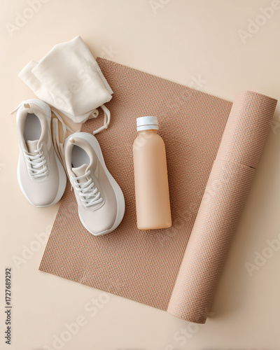 White sneakers and sports bottle with towel flatlay