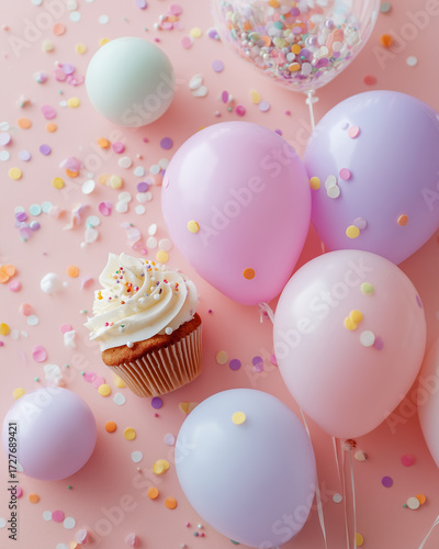 Cupcake with balloons and confetti on pastel background
