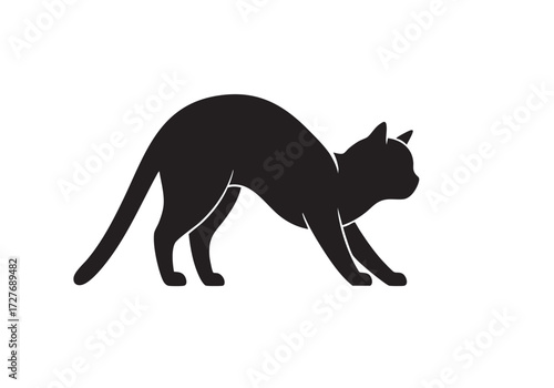 Sleek black cat silhouette stretching and getting ready to pounce is playful