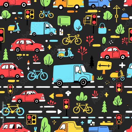 Colorful Cartoon City Traffic Seamless Pattern Background