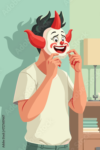 Man with a playful expression putting on a clown mask in a cozy interior