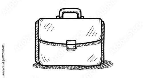 A hand-drawn black and white sketch illustration of a classic business briefcase with a handle and clasp.