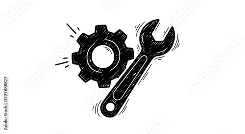 Hand-drawn Gear and Wrench Icon for Maintenance.