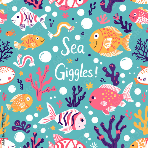 Cheerful Cartoon Underwater World Seamless Pattern with Happy Fish and Coral