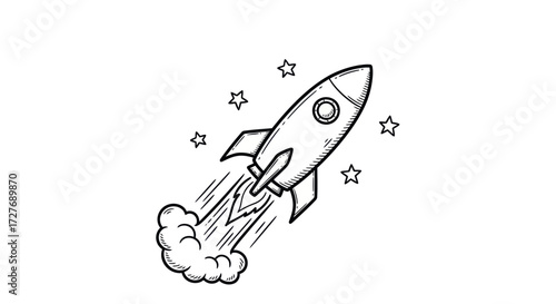 Hand-Drawn Rocket Ship with Smoke and Star Embellishments.
