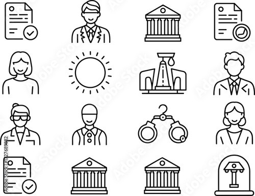 Law and justice icon set with courthouse, document approval, lawyer, police, judge, handcuffs, oil industry regulation, legal agreement, law enforcement and justice system vector illustration