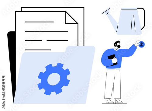 Folder with a visible gear, stacked documents, and a person holding a paper and coin. Watering can overhead. Ideal for data organization, productivity, teamwork, operations, planning resource
