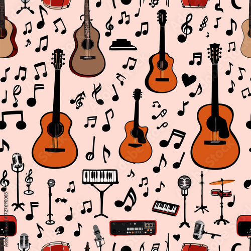 Vibrant Music Instruments Seamless Pattern Guitars, Microphones, Notes, Pink Background