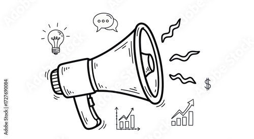 Hand-drawn megaphone with business and communication icons.