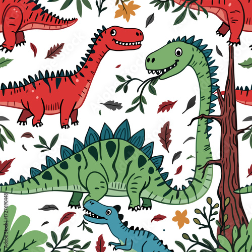 Cute Cartoon Dinosaur Seamless Pattern for Kids Jungle Adventure Background