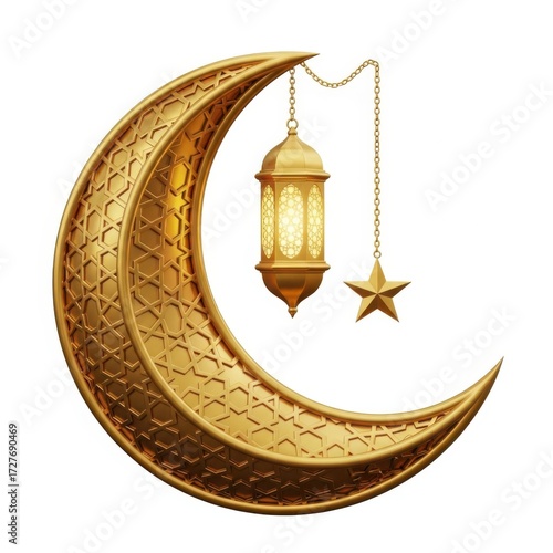 3d golden crescent moon with lantern and star