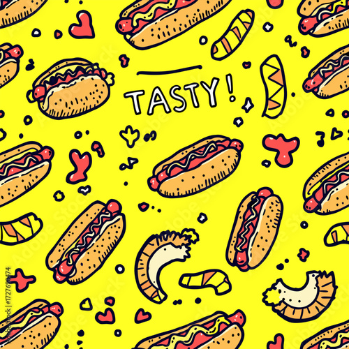 Vibrant Doodle Hot Dog Seamless Pattern Ketchup Mustard Background Tasty