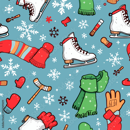Cute Winter Ice Skating Doodle Pattern Background
