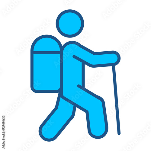 Hiking Icon In Blue Monochrome Flat Design, Vector Illustration