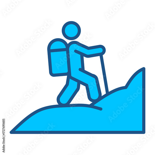 Hiking Icon In Blue Monochrome Flat Design, Vector Illustration