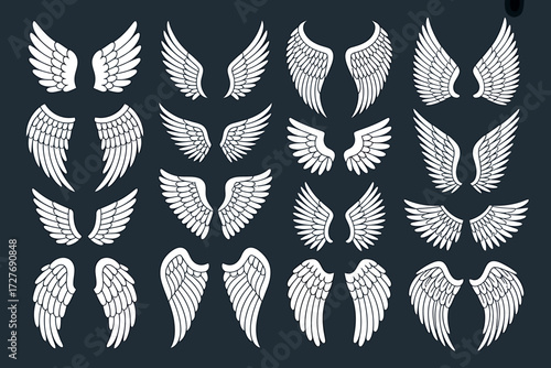 Collection of White Angel Wings Vector Illustrations on a Dark Background for Design Elements and Creative Projects