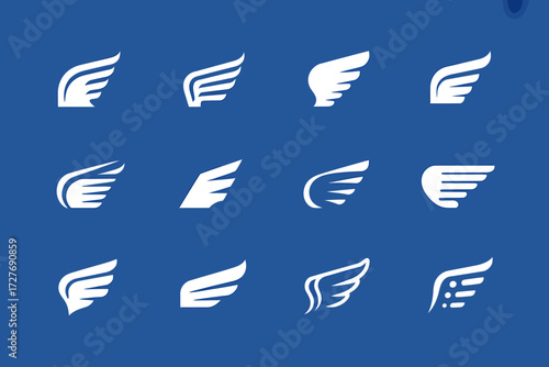 Collection of White Wing Vector Illustrations on Blue Background representing freedom and spirituality with various design elements