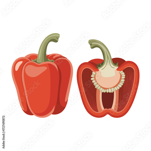 Red Bell Pepper Whole and Halved Illustration Vector Fresh Food Ingredient Cooking Healthy Diet Concept