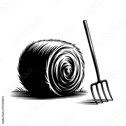 Monochrome Illustration of a Hay Bale with Pitchfork Depicting Rural Farming Life and Agricultural Practices