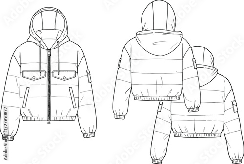 Puffer jacket technical flat sketch, fashion CAD drawing, vector illustration, apparel design template, front back side view, winter clothing design, outerwear, streetwear fashion