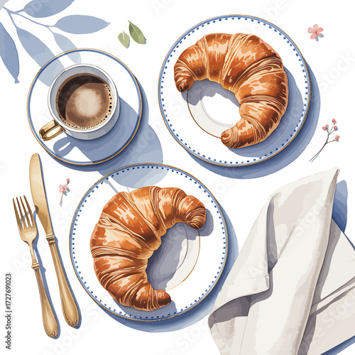 Watercolor Breakfast Still Life Croissants and Coffee on Plates with Elegant Flatware and Decorative Floral Elements for a Cozy Morning