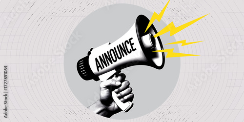 Hand Holding Megaphone Announcing with Yellow Lightning Bolts Powerfully Communicating Important News and Updates Promoting Action and Urgency