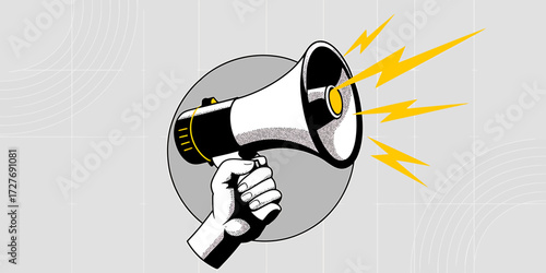 Hand Holding Megaphone with Sound Waves Promoting an Announcement Reaching a Wide Audience