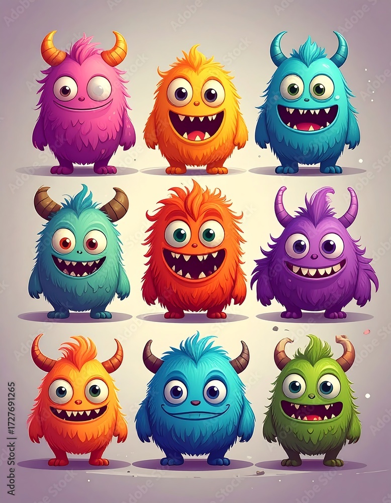 Fototapeta premium Nine colorful cartoon monsters