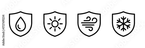 Protection against weather conditions represented by simple shield icons water sun wind and snow representing durable and resistant materials