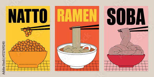 Japanese Cuisine Trio Natto Ramen and Soba Noodles Bold Graphic Posters for Culinary Art Food Enthusiasts and Asian Cuisine Lovers