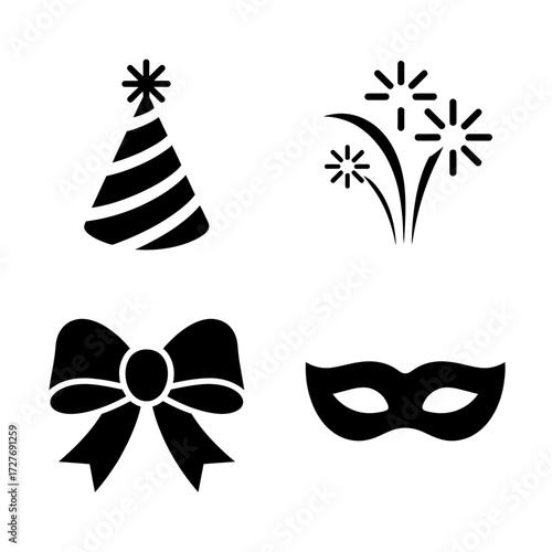 Party icons and decorations vector collection including party hat fireworks bow and mask for celebrations and festive events