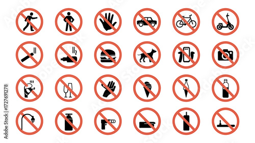 Collection of prohibition signs banning various activities and objects depicted on a white background for informational and awareness purposes illustrating regulations and restrictions