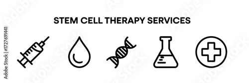 Stem Cell Therapy Services Vector Icons Syringe Drop DNA Flask and Medical Cross for Regenerative Medicine and Healthcare