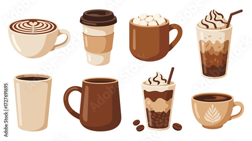 Variety of Coffee Drinks and Beverages in Mugs and Cups Illustration Featuring Cappuccino Latte Mocha and Hot Chocolate Perfect for Cafe Menus and Coffee Shops